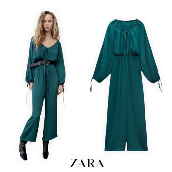 ZARA | Duck Blue | SATIN EFFECT V-NECK JUMPSUIT - Picture 1 of 13